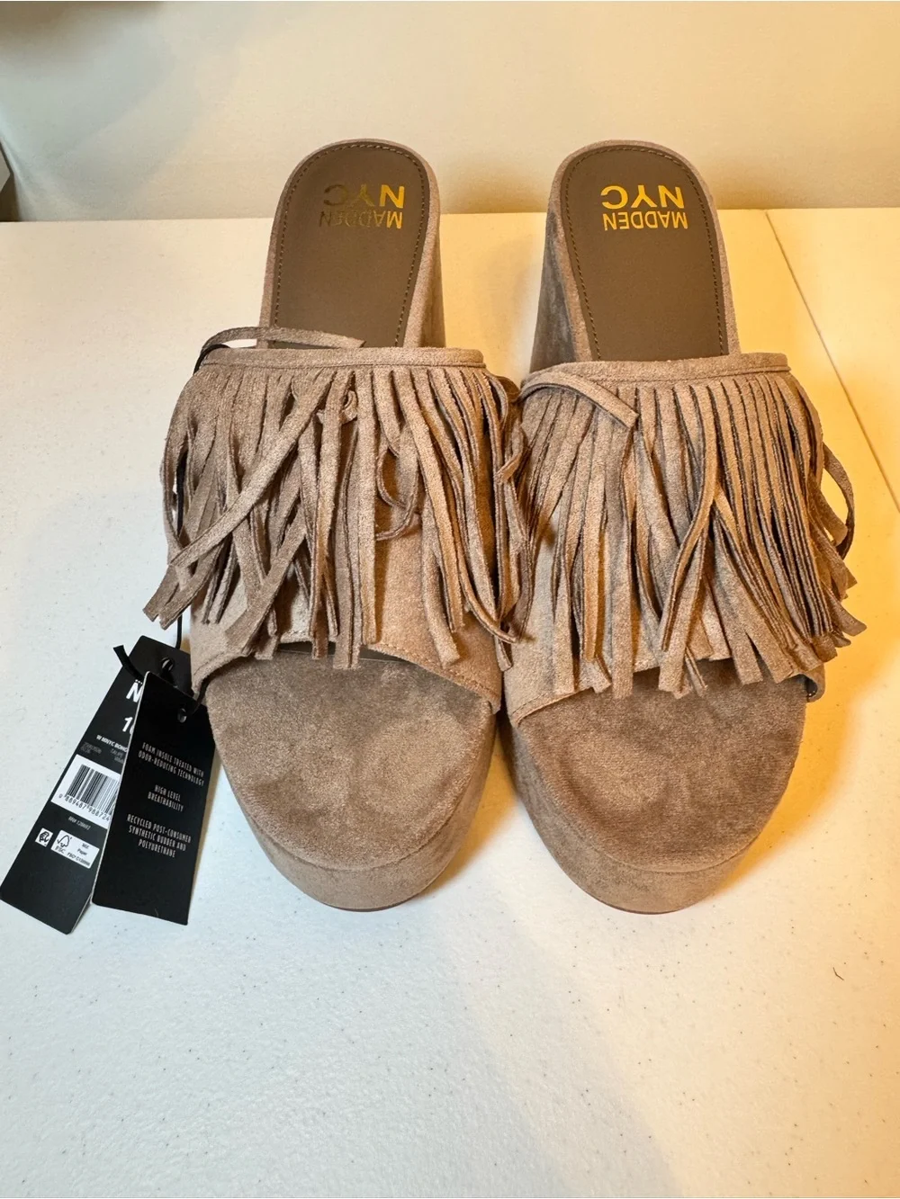 Madden NYC Tan Suede Fringe Platform Wedge Slides